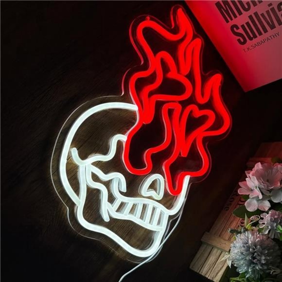 VIVID Neon LED Custom Skull with Flames Wall Sign Bright White and Red Sign - Picture 2 of 6